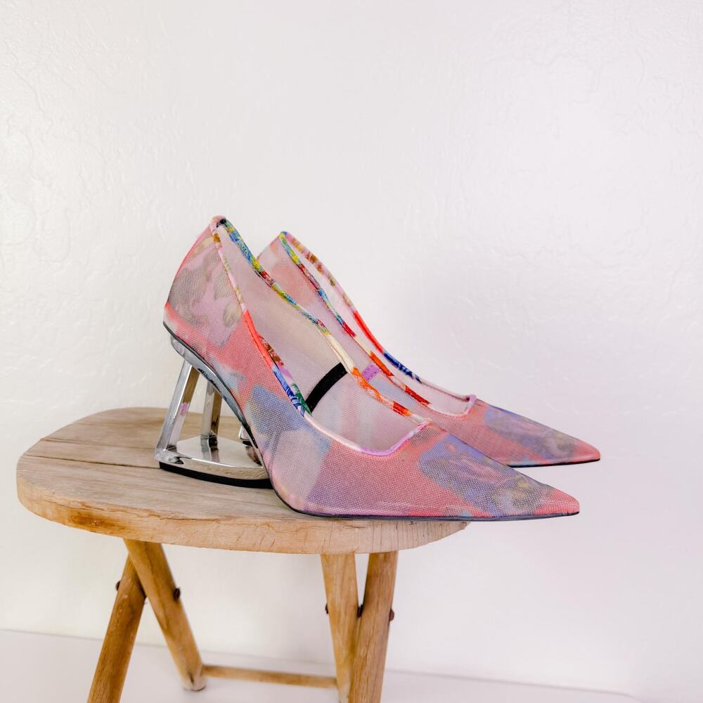 Gianni Bini Floral Mesh Architectural Avant Garde Wedge Heels Pink 7.5 NEW